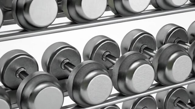 Rows of chrome dumbbells neatly organized on a rack.