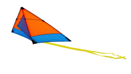 Isolated colorful delta kite with tail, aerodynamic triangle shape design for summer fun