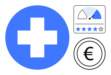 Obraz premium Healthcare concept. Symbols include a medical cross, a rating scale with stars, and a Euro sign healthcare quality, ratings, and financial aspects. For medicine, insurance, finance healthcare apps