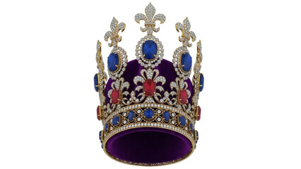 Isolated ornate royal crown adorned with fleur de lis, sapphires and rubies as the majestic jewel