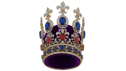 Isolated ornate royal crown adorned with fleur de lis, sapphires and rubies as the majestic jewel