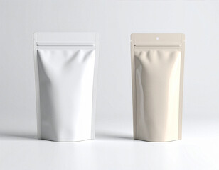 Blank White and Beige Stand Up Pouch Mockup Isolated on White Background