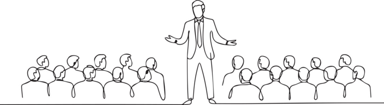One continuous line drawing of a man is giving a speech in front of an audience vector illustration. one line Art icon drawing