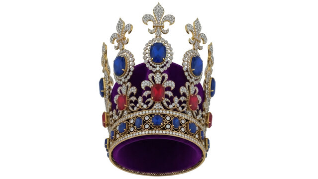 Isolated ornate royal crown adorned with fleur de lis, sapphires and rubies as the majestic jewel