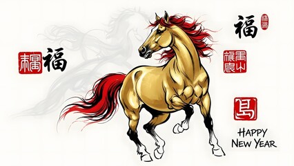 Golden Horse Chinese New Year Ink Illustration