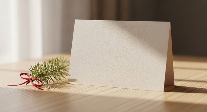 Minimalist Folded Card With Pine Branch and Ribbon Mockup Stationery Scene