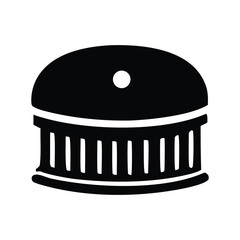 A minimalist black and white illustration of a smoke detector or fire alarm, featuring a circular shape with a ribbed edge and a central button