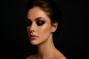 Fototapeta premium Portrait of a woman with dark smoky eye makeup and a subtle lip color, set against a dark background, highlighting her facial features and expression