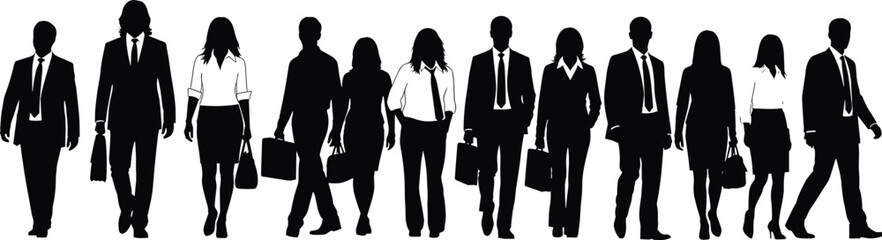 Business people silhouette, corporate team, professional attire, walking forward, briefcase, office culture, teamwork, career, success, leadership, unity, motion