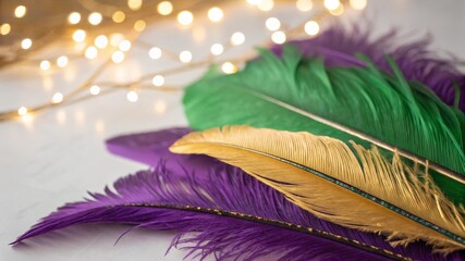 Vibrant Purple, Green, and Gold Feathers with Festive Bokeh Lights - 1