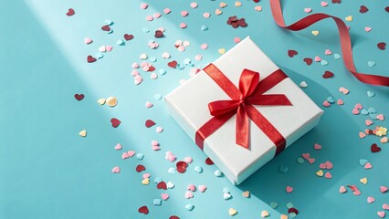 White Gift Box with Red Ribbon and Confetti on Blue Background - 8