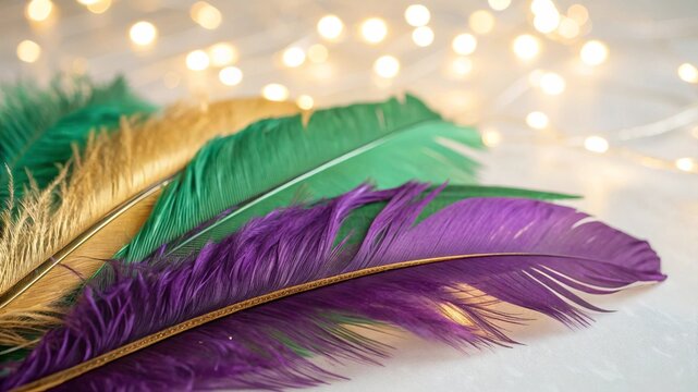 Vibrant Purple, Green, and Gold Feathers with Festive Bokeh Lights - Powered by Adobe