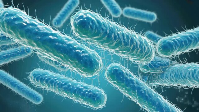High-resolution showing bacteria with a vibrant blue tint, highlighting their cellular structure.