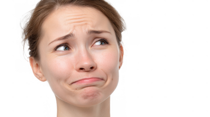 Close up profile of a mature man making a droopy face expression, conveying sadness or disappointment, against a transparent background, perfect for conveying negative emotions