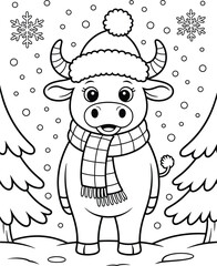 Coloring page of a cute bull wearing a winter hat and scarf Keywords: coloring page, bull, ox, cow, animal, winter, christmas