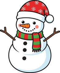 Cartoon Snowman with Red Santa Hat and Striped Scarf – Smiling Pose, Stick Arms, and Snowflake Buttons for Holiday Design Assets