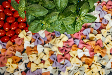 Colorful Italian Pasta with Fresh Basil Flat Lay