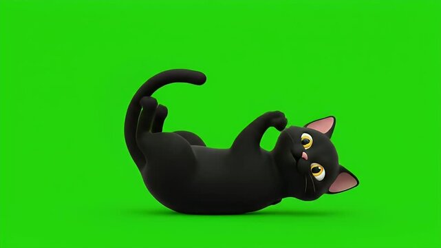 Cute Black Cartoon Cat Rolling and Playing on Green Screen Background.
