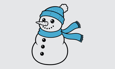 Cartoon Snowman with Blue Hat and Scarf – Carrot Nose, Stick Arms, and Gray Background for Winter or Holiday Design Assets