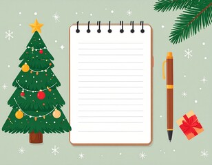 Festive Christmas tree and a notepad with a pen for writing holiday wishes and to-do lists, perfect for seasonal greetings and planning