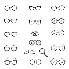  Vector illustration depicting various eyeglasses styles, contact lenses, a magnifying glass, and an eye symbol.