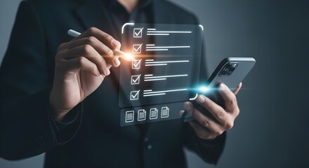 Businessman checking off tasks on a digital checklist interface using a stylus and smartphone
