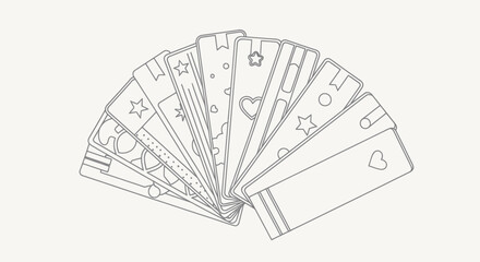 Collection of outlined bookmarks with various designs arranged in a fan shape.