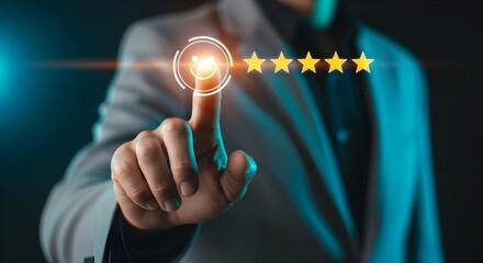 Business man hand touching five star rating icon on digital screen for customer satisfaction review