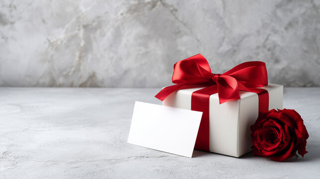 赤いリボンを結んだギフトボックスと一輪の薔薇・メッセージカード