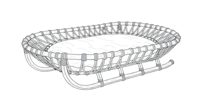 Hand-drawn illustration of a natural wicker baby bassinet with a mattress.