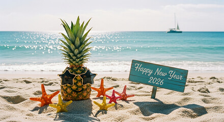Pineapple with sunglasses, starfish on sand beach with turquoise sea. Happy New Year 2026 sign. Holiday, celebration, travel, vacation concept