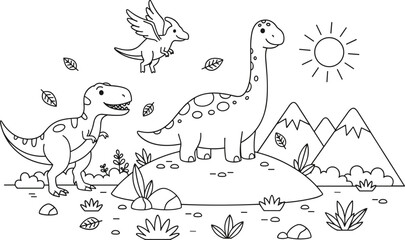 Outline drawing of dinosaurs, mountains, sun, and leaves for coloring book