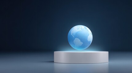 3D rendering of a glowing blue globe on a white pedestal in a dark studio setting representing global connectivity and technological advancement