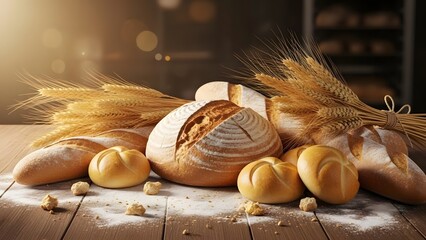 Still life of fresh bread and wheat stalks, warm lighting, bakery concept