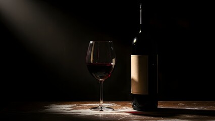 Moody still life of red wine bottle and glass, dark background, dramatic lighting
