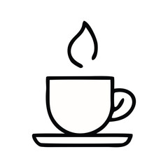 Clean and modern black line drawing icon of a hot steaming cup on a saucer, ideal for cafe menus, beverage app interfaces, and drink-related design elements