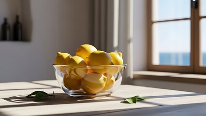 Minimal still life of lemons in a glass bowl, bright daylight, Mediterranean mood