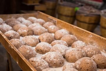 bread preparation. loaves of dough before baking