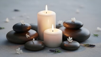 Minimal still life of candles and stones, spa and relaxation concept