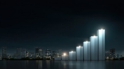 Abstract city skyline with glowing data bars representing growth and financial development in a modern urban environment at night
