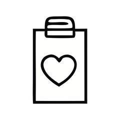 Line art icon of a clipboard with a heart symbol, representing health records, patient care, wellness tracking, or personal favorite lists. Ideal for digital applications and graphic design projects