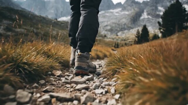 A person's legs and feet, clad in sturdy hiking boots and dark trousers, traverse a rugged mountain trail. The low-angle shot emphasizes the movement over a path composed of loose rocks and dry, golde