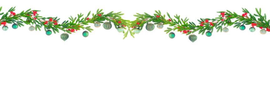 Lush Greenery Garland with Vibrant Red and Blue Ornaments A Festive Botanical Border for Seasonal Celebrations on a transparent background - Powered by Adobe
