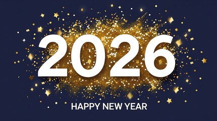 Happy new year 2026 message displayed with bright white font surrounded by shimmering gold glitter and festive stars on deep blue backdrop