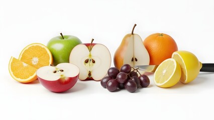 Still life of fruits partially sliced, clean composition, white background