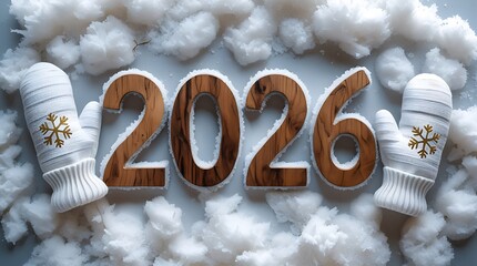 Happy new year 2026 message with wooden numbers against snow backdrop, framed by two white mittens with golden snowflakes, ideal for winter holiday imagery