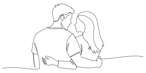 Continuous line drawing of adult couple holding hands, minimalist design depicting love and connection. Adult couple stands together, embracing simplicity and intimacy with smooth, flowing lines.