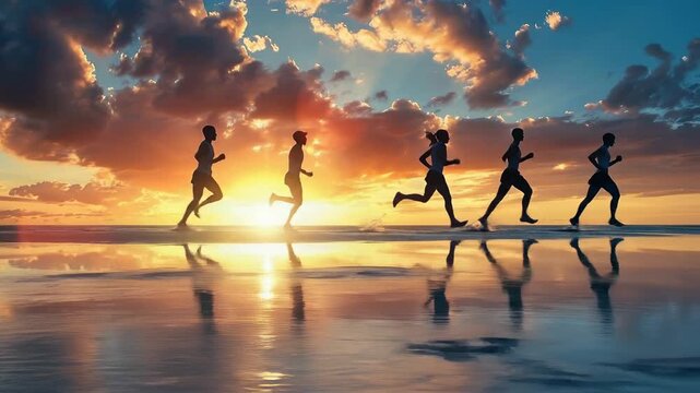 Group of runners jogging along a reflective beach at sunset.