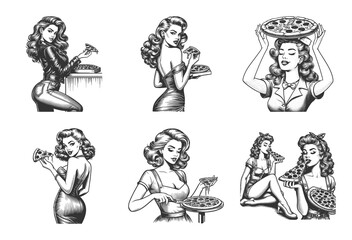 Obraz premium women enjoying, cooking, serving, and eating pizza Set collection bundle sketch engraving generative ai vector illustration. Scratch board imitation. Black and white image.