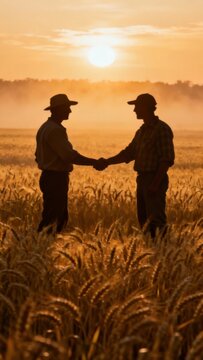 Rural collaboration: Two farmers sealing a deal amidst a golden field at dawn